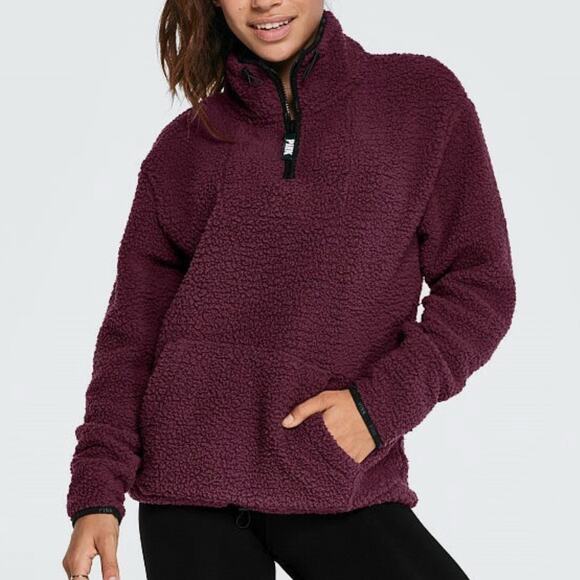 PINK Victoria's Secret Quarter Zip Pullover Teddy Sherpa Jacket Purple Size XS - Picture 1 of 12